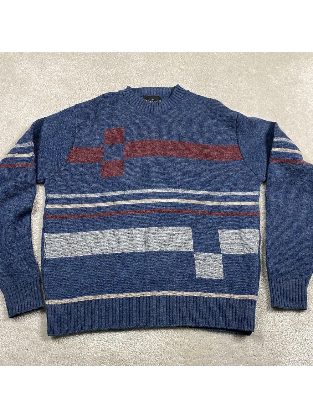 Vintage 80s Pine State Sweater Mens XL Blue Wool Geometric Stripe Crewneck USA